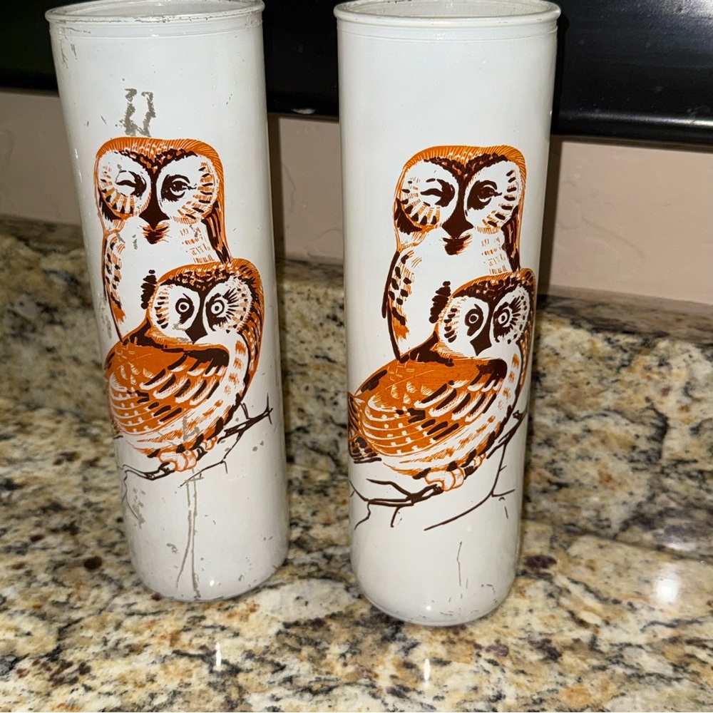 MCM Pair Of Vintage Owl Glass Pillar Candles Country Cottage Core Woodsy Unused - Picture 2 of 3
